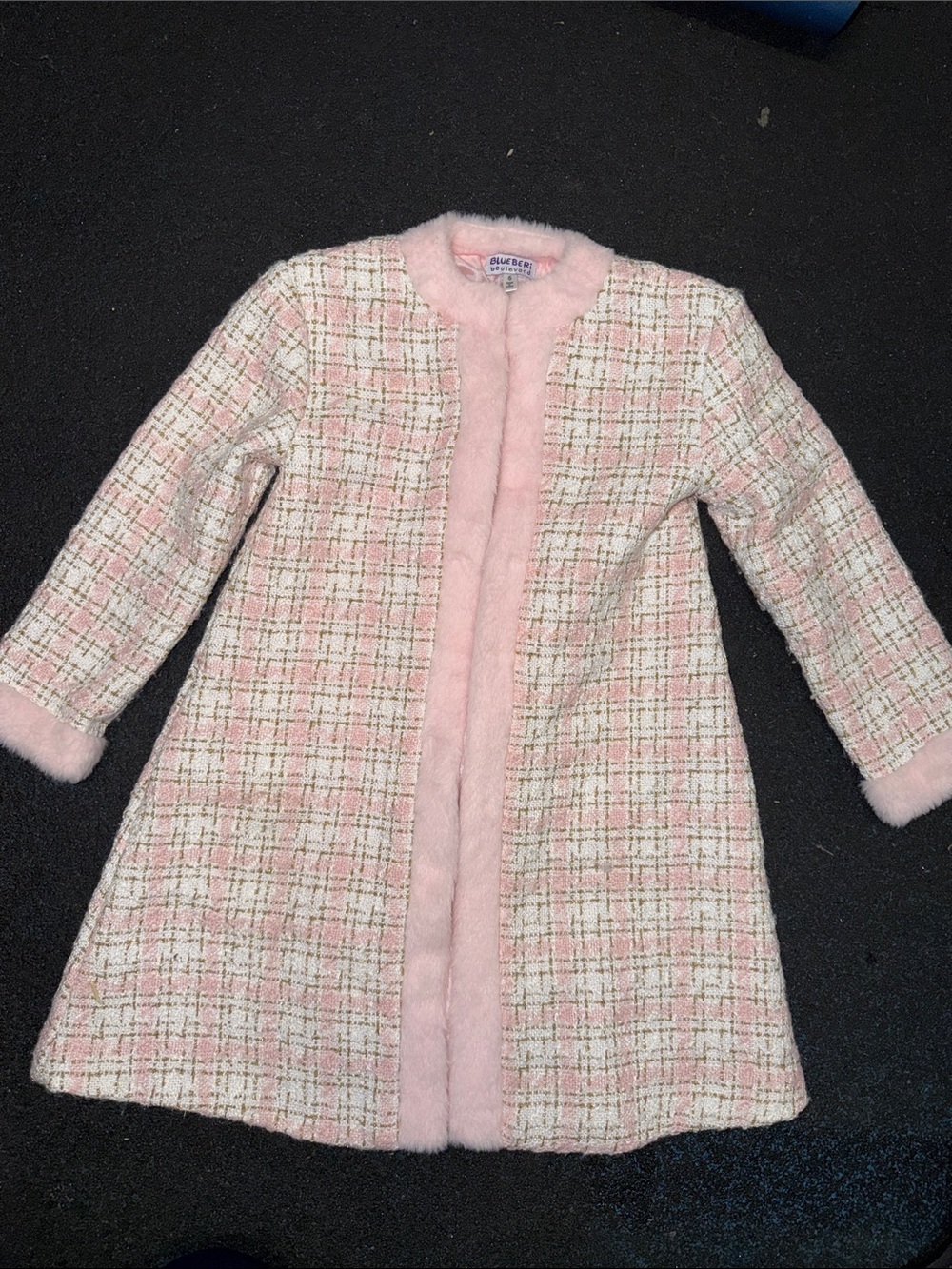 Blueberi Boulevard Pink Plaid Tweed Jacket with Faux Fur Trim